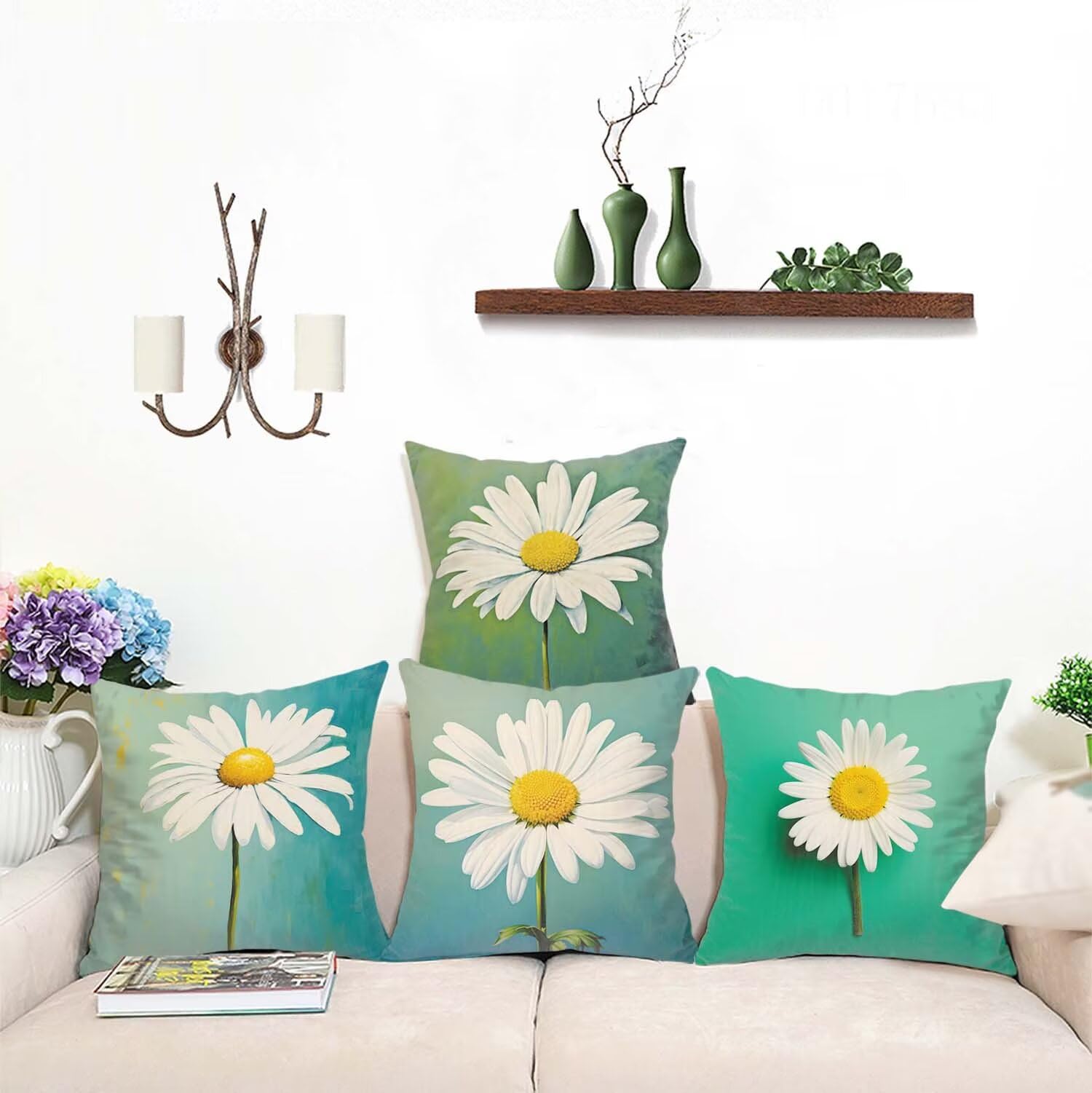 Fundas Cojines SuavesBlanco Fundas Cojines Cuadradas Suaves Funda Almohada Cojines Suaves Sillas Jardin Para Oficina Jardín Cama Sofá Banco Interior o Exterior Juego de 4 Funda Cojin Crisantemo mu-465