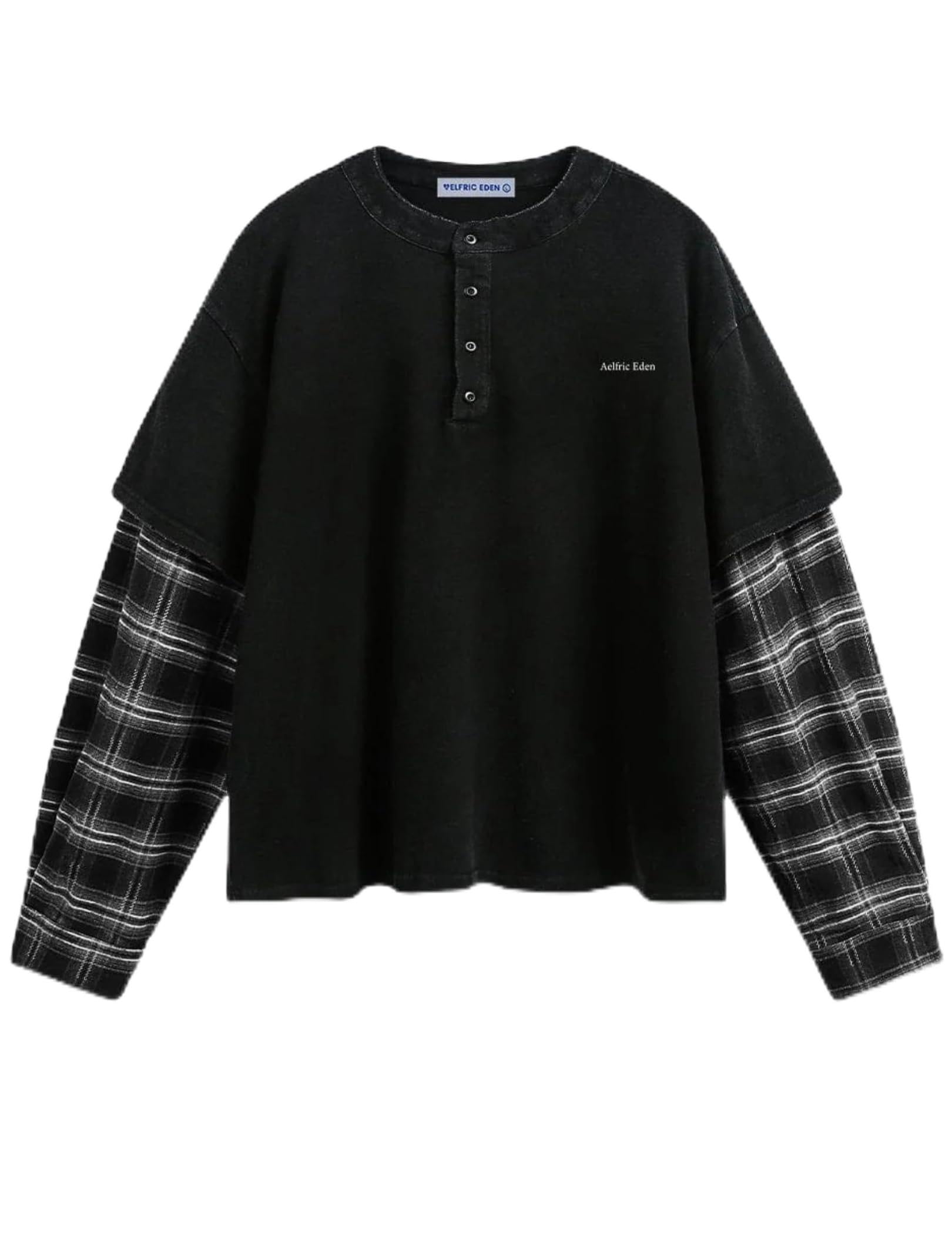 Men's Vintage Plaid Patchwork Acid Wash T-Shirts Heavy Weight Long Sleeve Tshirt Cotton Casual Tee Tops