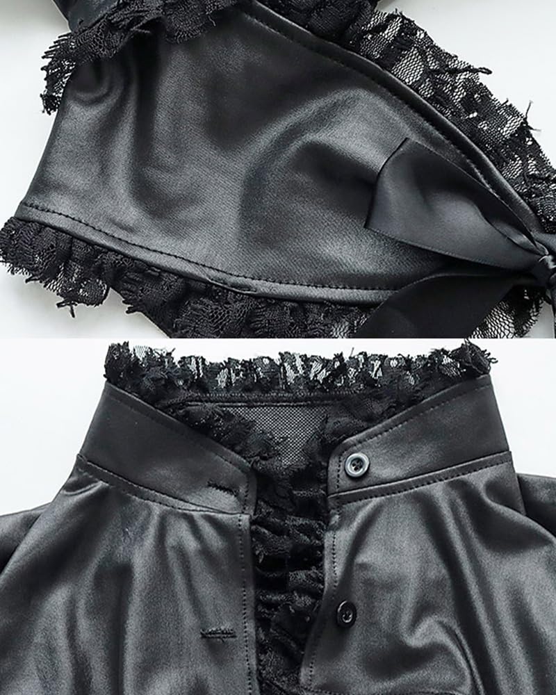 Mobbunny Goth Bodysuit Ruffled Lace Bodysuit Puff Sleeves High Collar Hollow One Piece Bodysuit: One Size Black