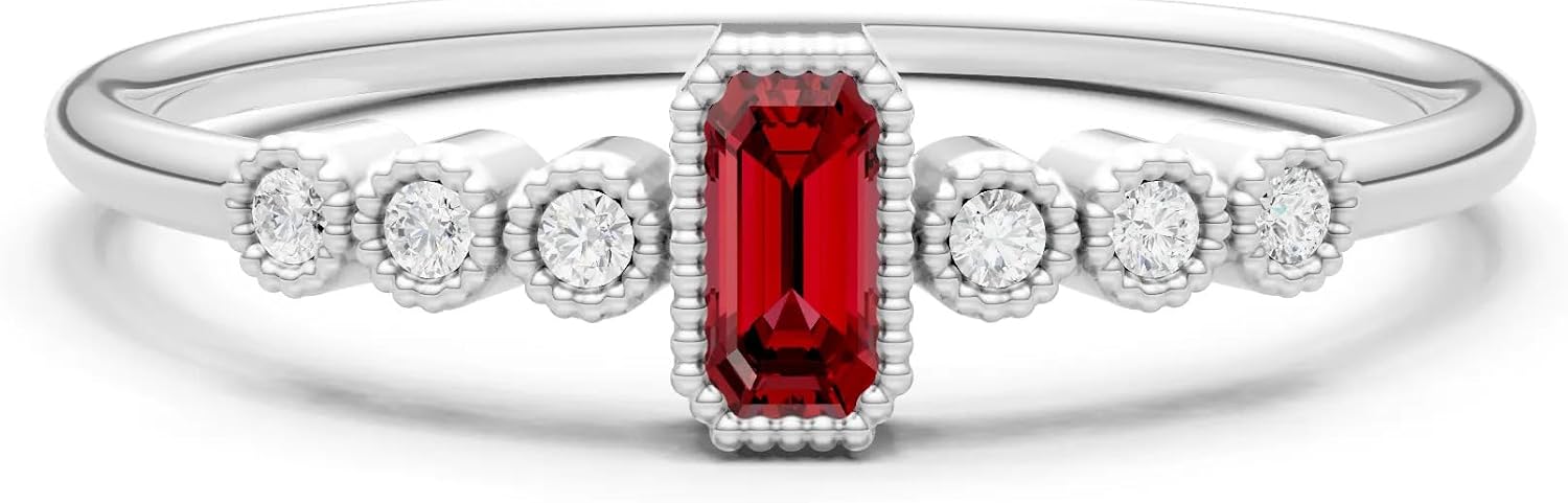 PEORA Emerald Cut Cut Garnet Stackable Band Available in Solid 10K, 14K or 18K Ring – White, Yellow or Rose Gold