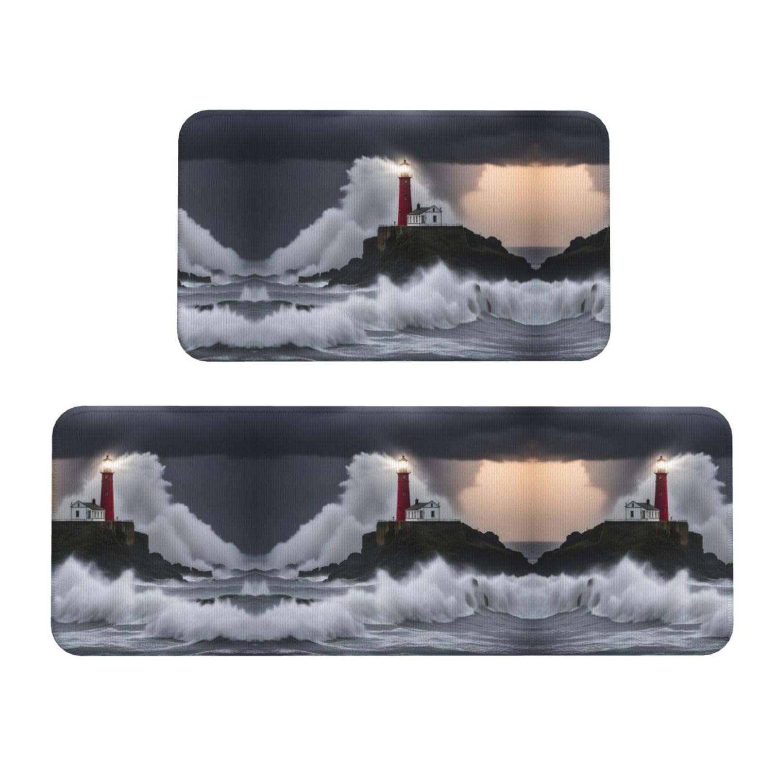 Tapis de cuisine antidérapants lot de 2 avec motif phare dans la tempête pour le bureau