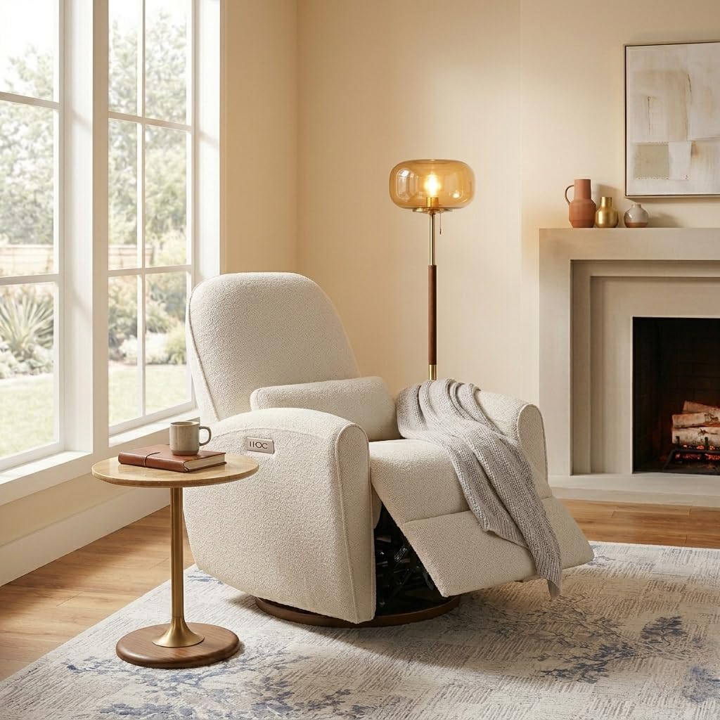 Watson & Whitely Power Recliner Chairs, Swivel Recliner Nursery Glider Rocking Chair with Pillow Lumbar Support & FSC-Certified Solid Wood Base for Living Room, Cream