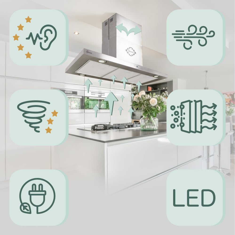 GURARI GCH I 431 90 IS PRIME - Cappa aspirante a isola, 90 cm, 1000 m³/h, in acciaio inox, telecomando, 4 LED da 1,5 W, con kit di ricircolo