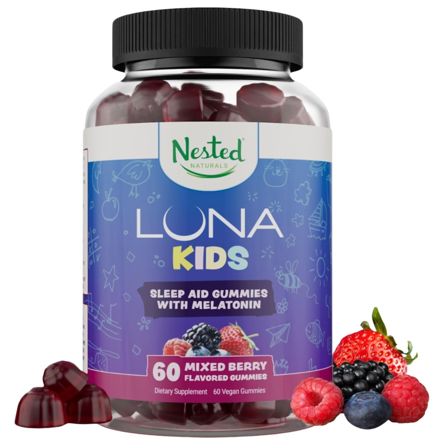 Luna Kids Sleep Gummies - Non-Habit Forming Kids Melatonin Gummy with Valerian Root, Chamomile, and Lemon Balm - Children's Melatonin Sleep Aid - Mixed Berry, 60 Vegan Gummies