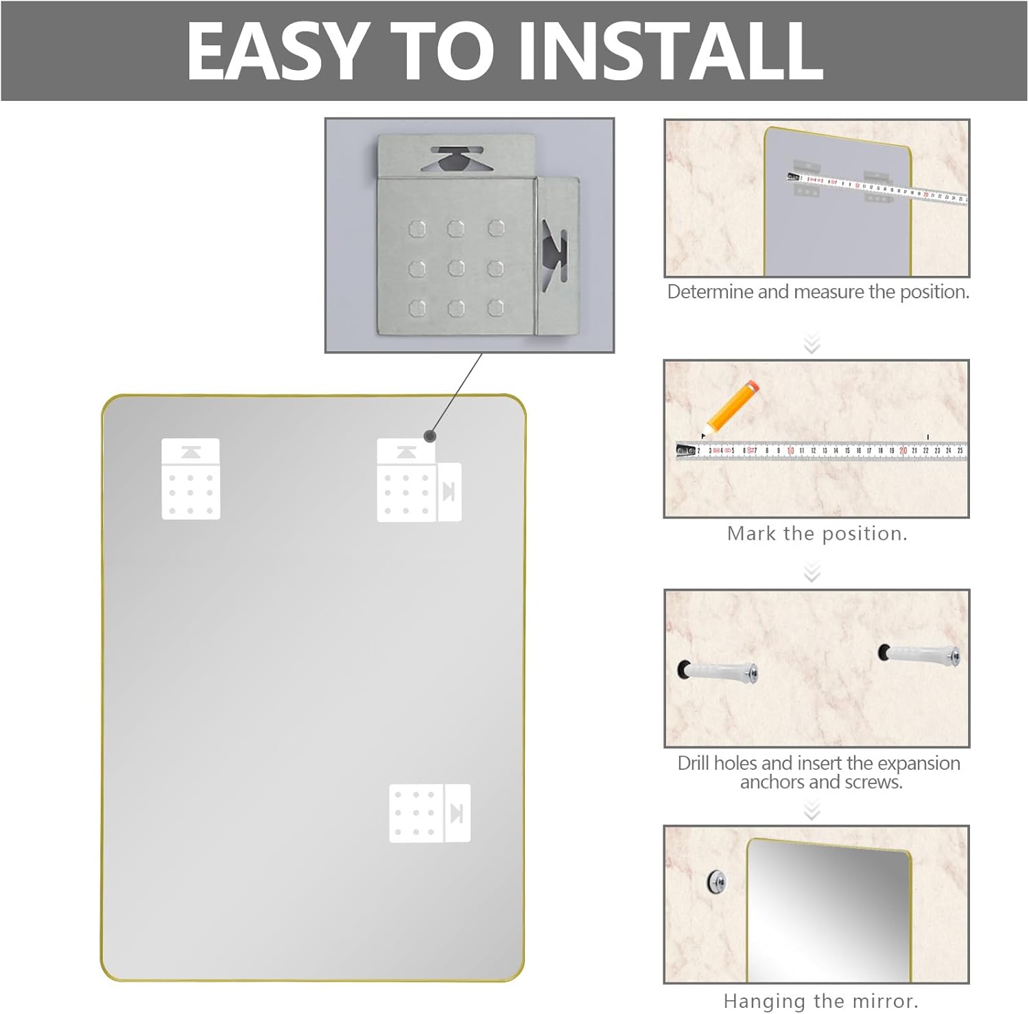 Mirrorons Gold Bathroom Mirror 36 x 30 Inch, Gold Wall Mirror, Bathroom Vanity Mirror with Rounded Corner, Shatterproof (Horizontal/Vertical)