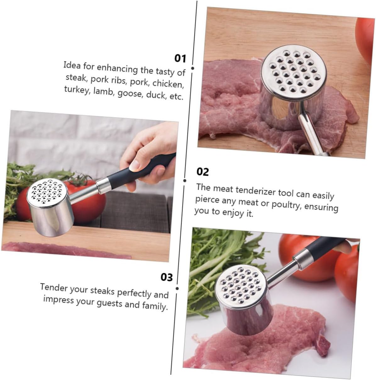 UKCOCO 304 Stainless Steel Meat Tenderizer Mallet with Black Non-slip Handle, Double-sided Steak Hammer for Beef and Pork, Kitchen Meat Pounder Tool for Household Tenderizing and Cooking