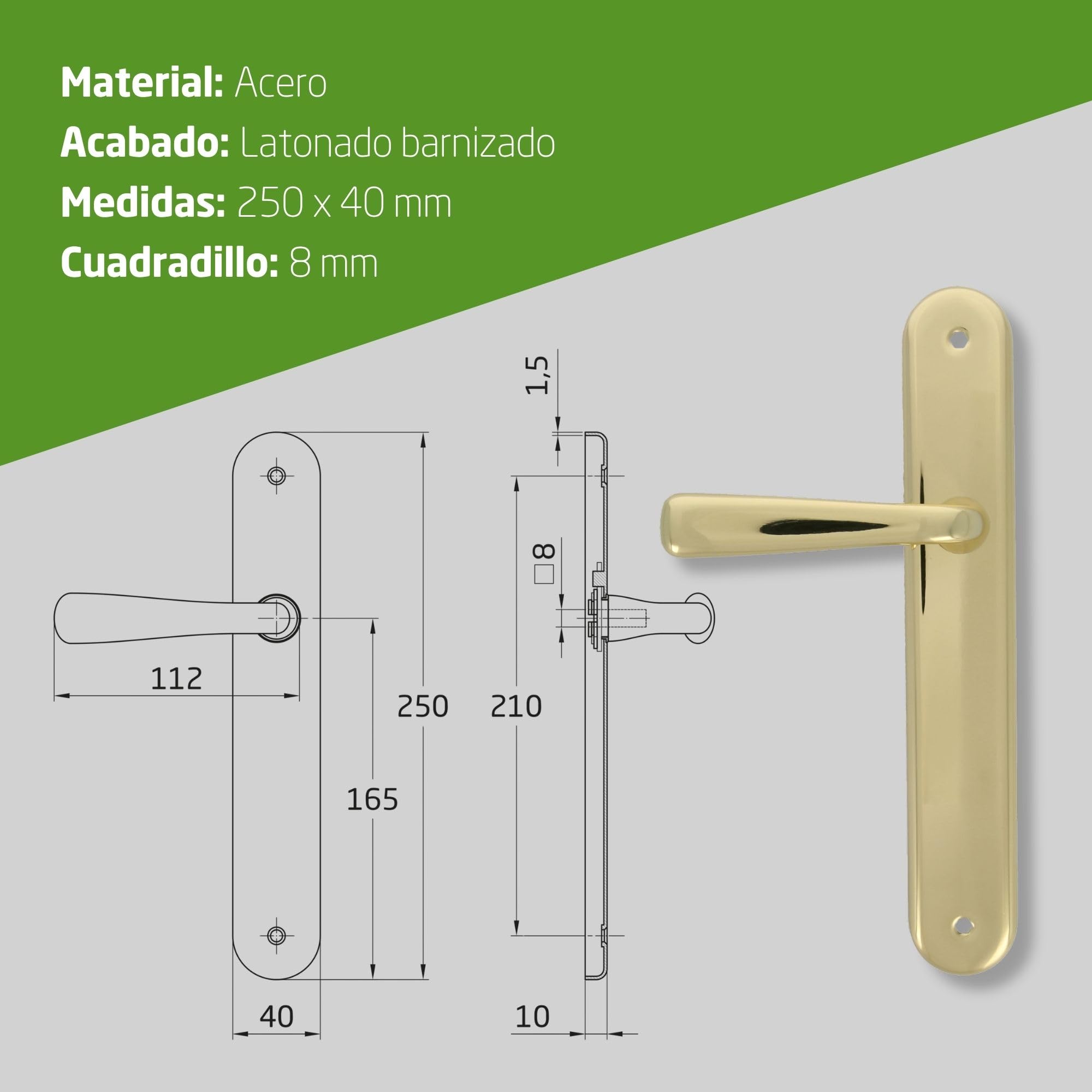 Amig - Juego de Manillas de Placa de Latón - Modelo 252P Medida: 250 x 40 mm - Cuadradillo de 8 mm - Resistente a la Corrosión, Incluye tornillería - Acabado: Latonado barnizado