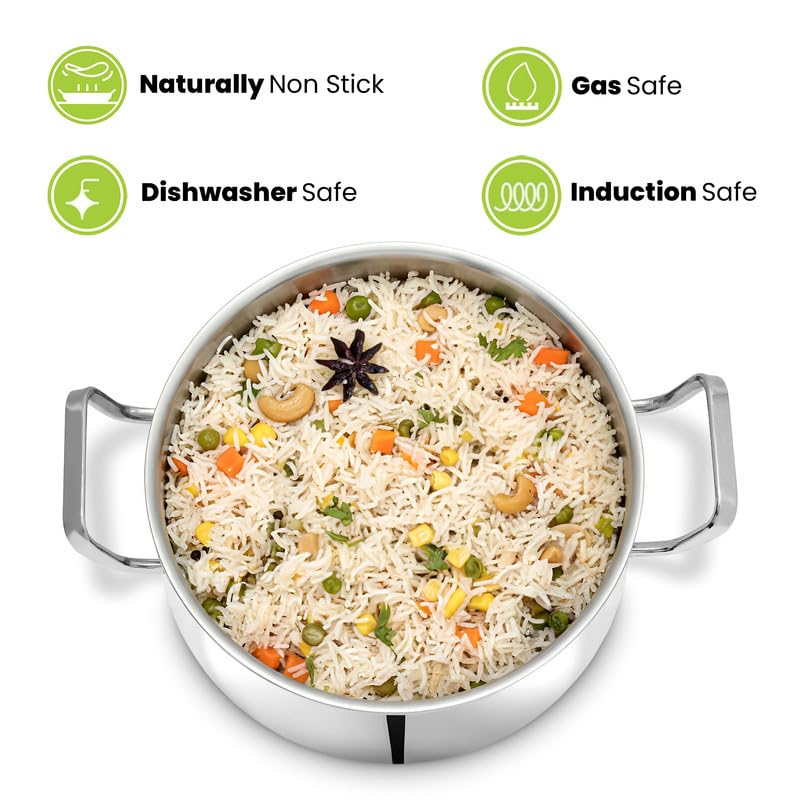 Image of Allo Triply Stainless Steel Casserole /Biryani Handi Pot | Perfect Saucepot Saute Induction Friendly Naturally Non-Stick | 10 Years Warranty, 16cm, 2.6 litres with Glass Lid