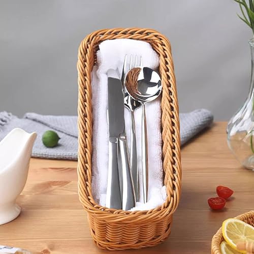 Miniatura 5 de ABOOFAN Organizador de almacenamiento de cubiertos tejido de mimbre, organizador de utensilios de cubiertos, cesta de pan de ratán, bandeja