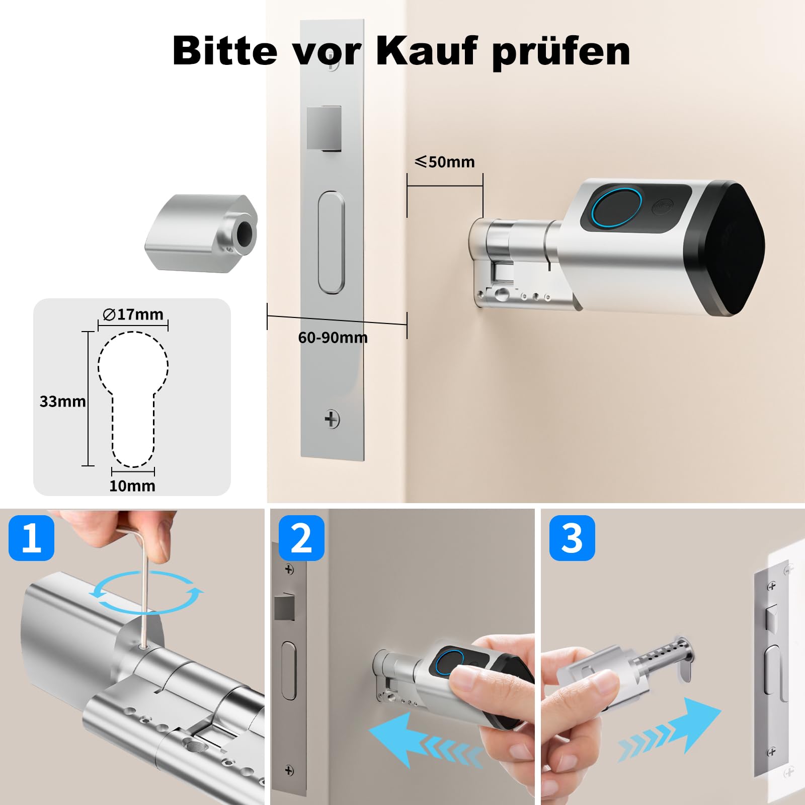 Türschloss Fingerabdruck, Fingerabdruck Schloss, Verstellbare Länge elektronisches türschloss, Smart Lock mit RFID-Karte, App, WLAN, Bluetooth-Entriegelung,Verlängerungszubehör,60–90 mm,Silber