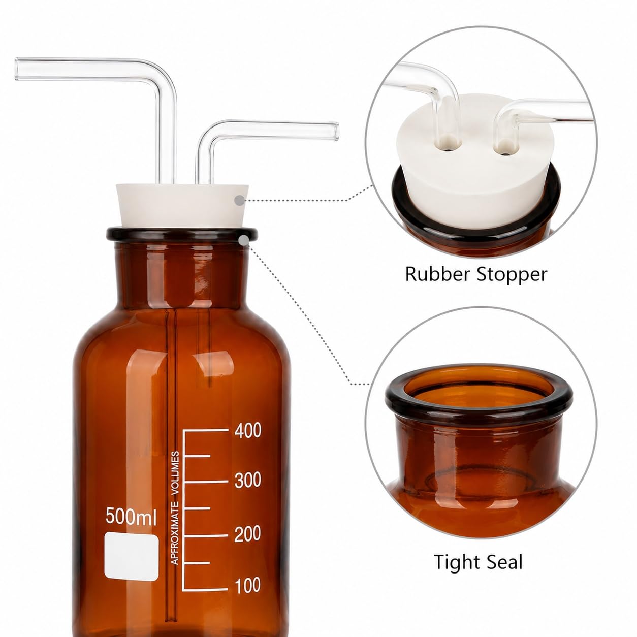 Frasco Borboteador Lavador Gas Vidrio Ámbar Tapón Goma Doble Orificio-1000ml