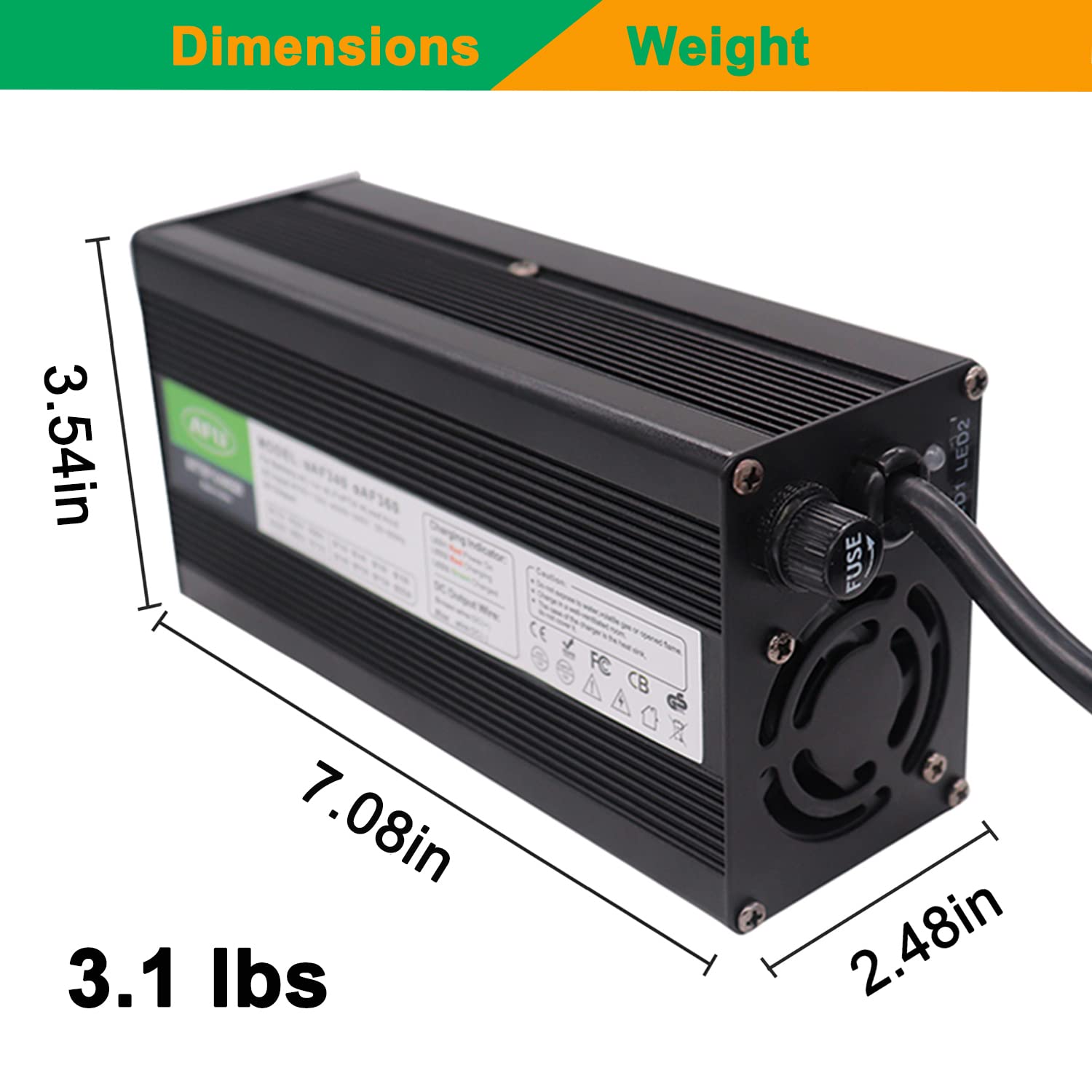 AFU 14.6V 20A LiFePO4 4S Battery Portable Charger 12V LiFePO4 Battery Charger Seat Belt Cooling Fan Quick Charging (DC Alligator Clip Connector)