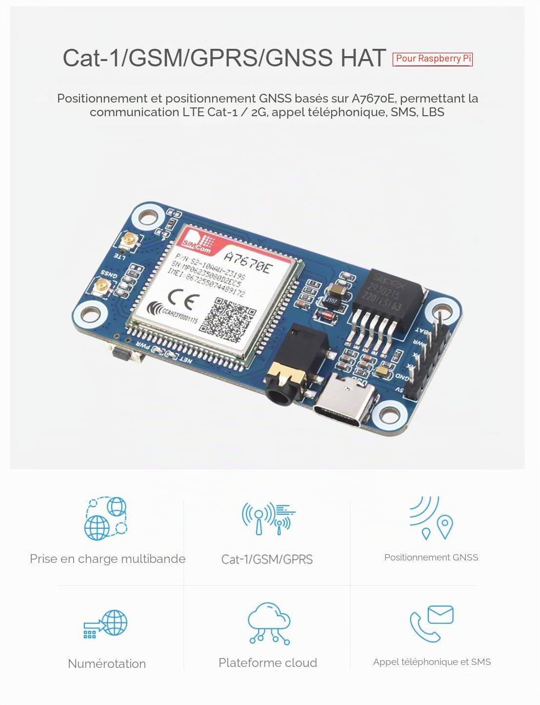 Cat-1/GSM/GPRS/GNSS HAT pour Raspberry Pi Raspberry Pi 5 4B+ 4B 3B+ 3B 2B+ Zero W WH Jetson Nano Basé sur A7670E Module GNSS Support LTE Cat-1/2G