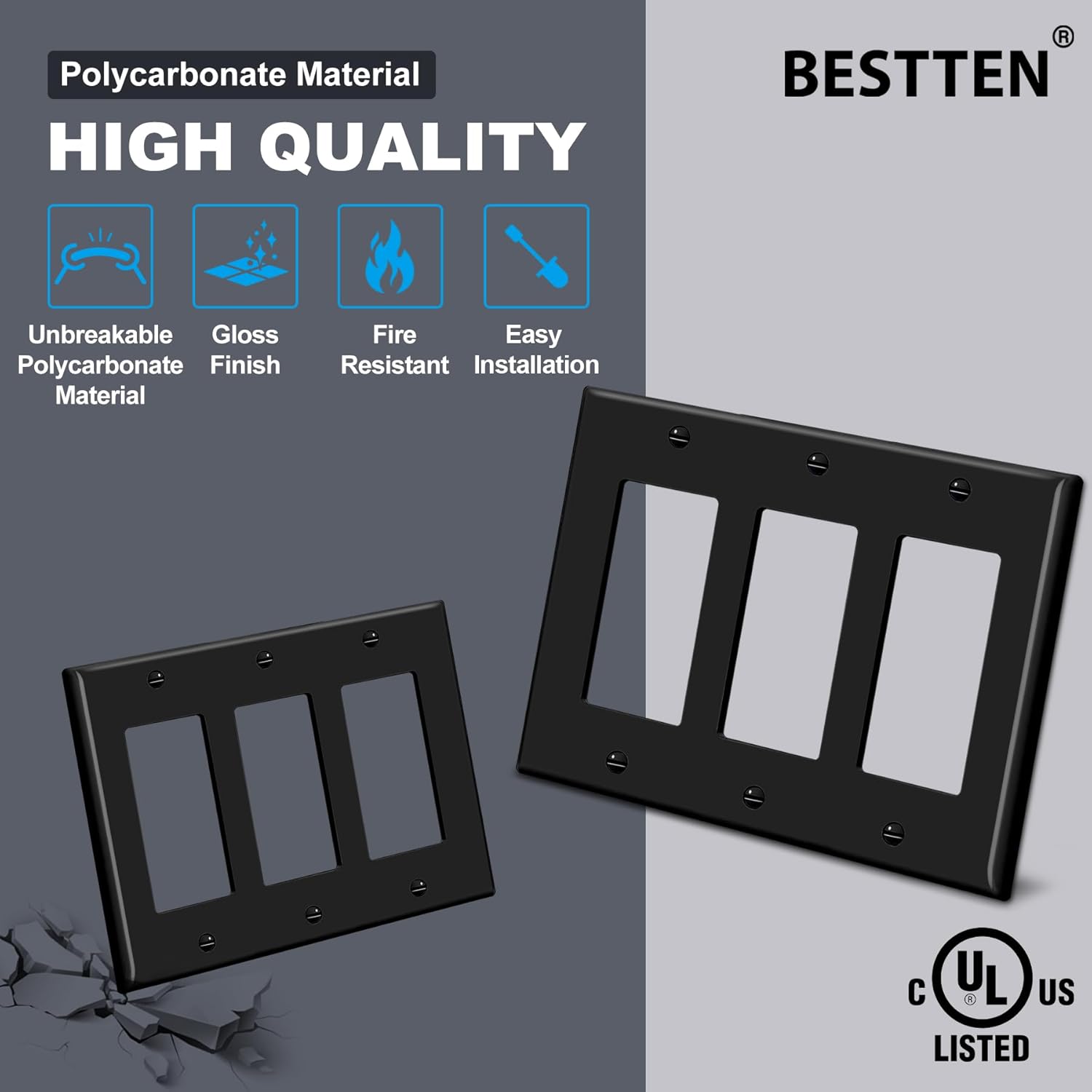 [2 Pack] BESTTEN 3 Gang Black Decorator Wall Plate, Standard Size, Unbreakable Polycarbonate Outlet and Switch Cover, H4.53” x W6.38”, UL Listed