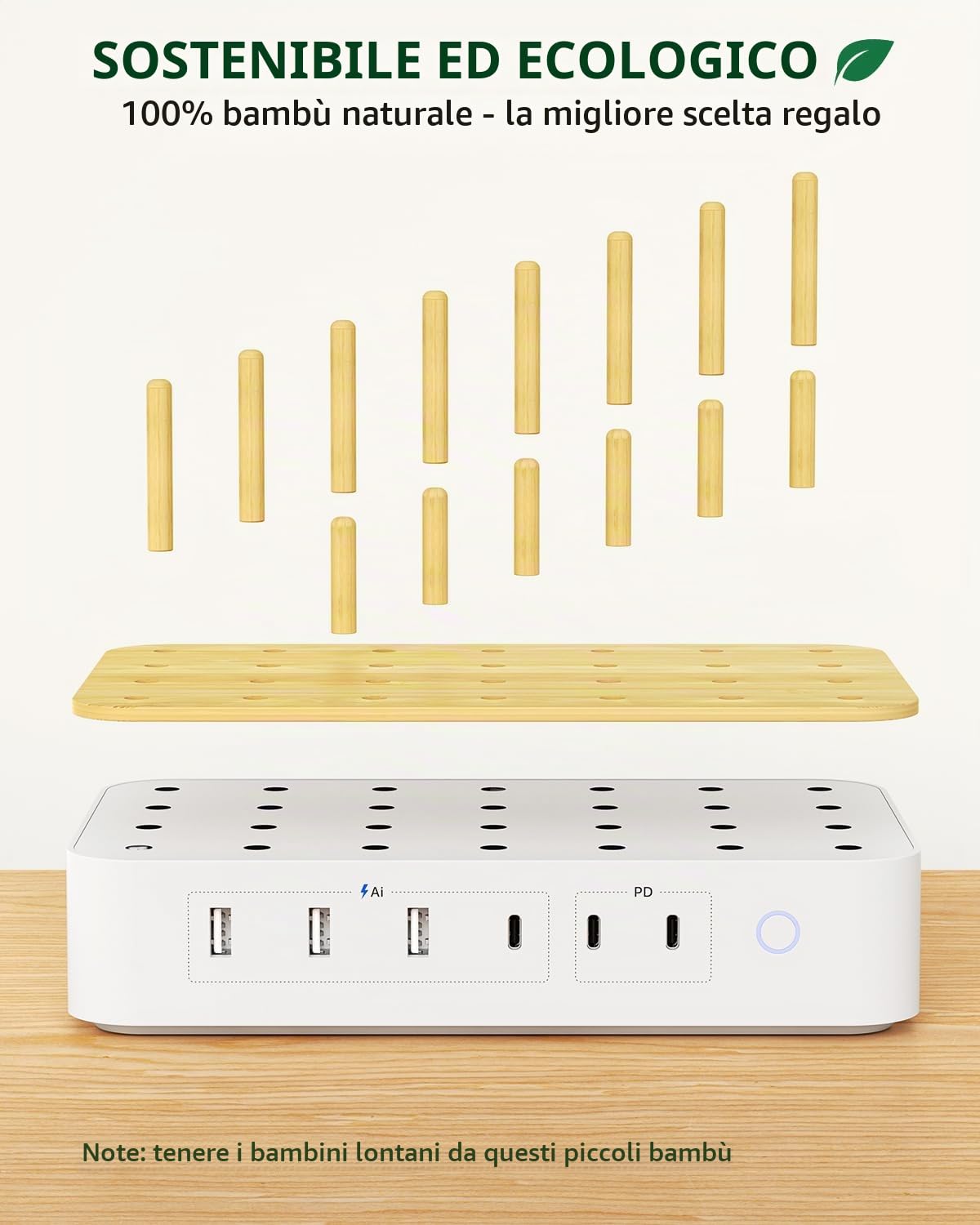 Stazione di Ricarica Bamboo da 60W per Più Dispositivi Con 3 Prese CA, 3 USB-C, 3 USB-A, Cavo di Alimentazione da 2m per IPhone, IPad, Tablet (6 Cavi Misti), Bianco