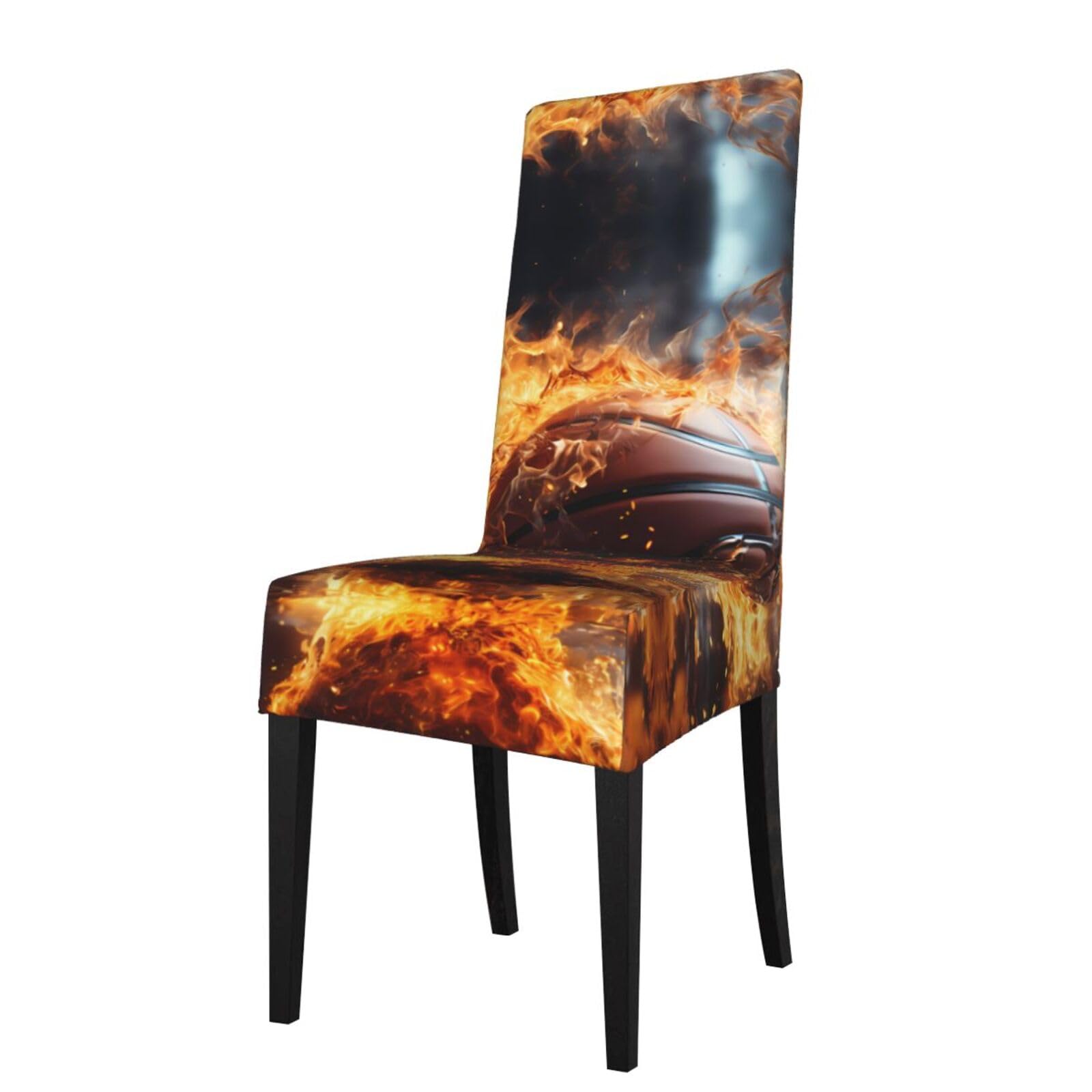 HLSBSSL Basketball on Fire and Water Flame Splashing Printed dining chair covers, wrinkle-resistant and iron-free, suitable for hotels, banquets, and conferences