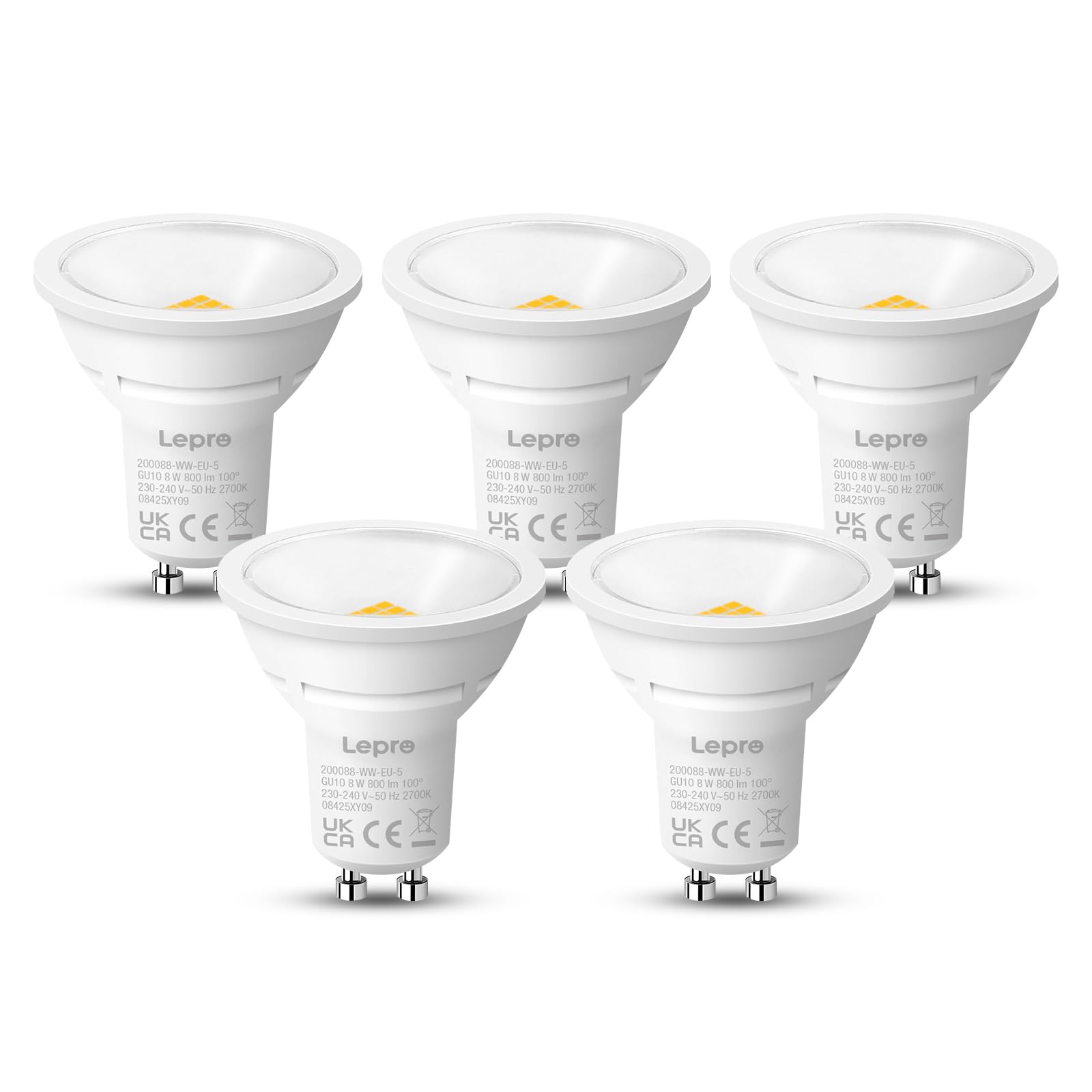 Lepro GU10 LED Bulbs, Warm White 2700K, 800LM Bright GU10 Lightbulbs, 8W (65W Equivalent), 100° Wide Beam Angle, Energy Saving LED Spotlight Bulbs, Non-Dimmable, Pack of 5