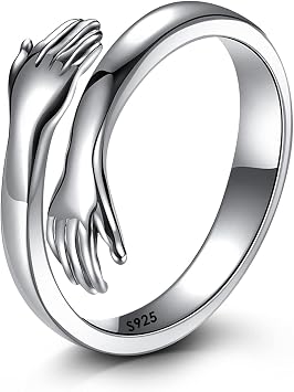 925 Sterling Silver Hug Rings,Couple Hug Rings for Women Men,Simple Rings for Women Teen Girls Silver Hugging Hands Cute Open Ring Band Adjustable Free Silver Matching Ring Jewelry 1Pcs