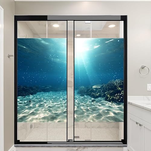 Película de ventana de paisaje submarino con bloqueo solar de naturaleza submarina con luz solar arenosa, película de vitrales sin pegamento