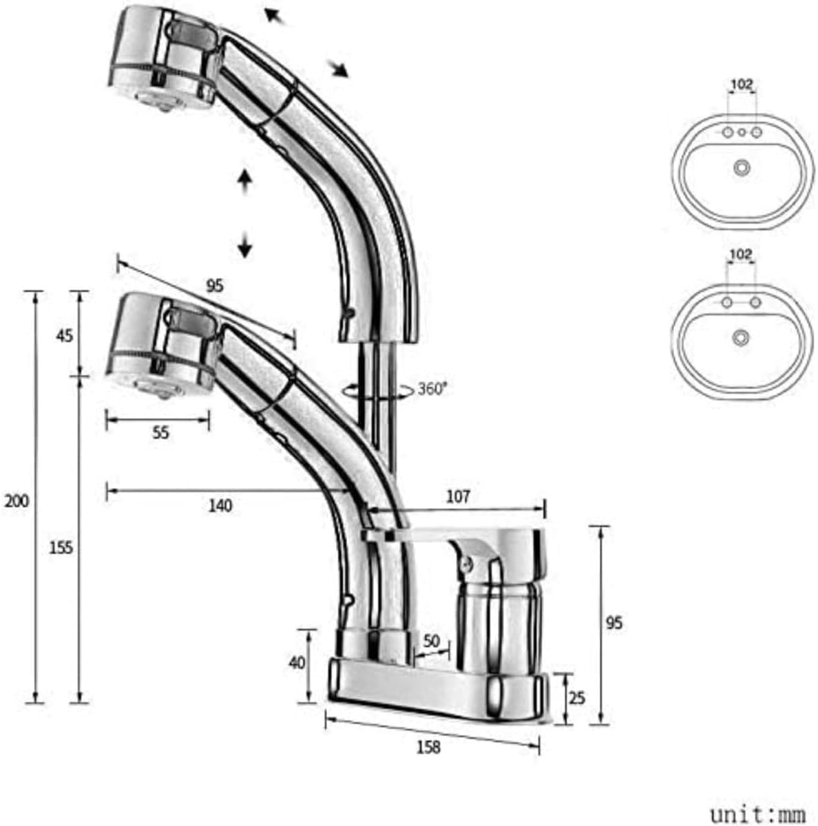 洗面台蛇口 混合水栓 シングルレバー ホース引き出し式 泡沫、シャワーが切り替え 360&deg;回転 吐水口昇降 台付き2穴 (ブラック)