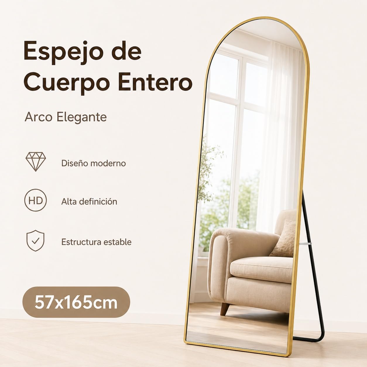 Espejo de Arco de 57x165cm | Espejo de Piel Completa con Parte Superior Curvada | para Montar en Pared o Apoyar en el Suelo | Inclinación Ajustable para Sala de Estar, Vestidor y Dormitorio