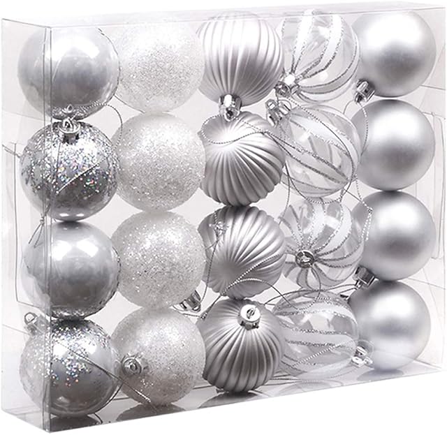 Victor's Workshop 20pcs 6cm Shatterproof Christmas Baubles, Frozen Winter Silver and White Christmas Ball Ornaments for Christmas Tree Decorations