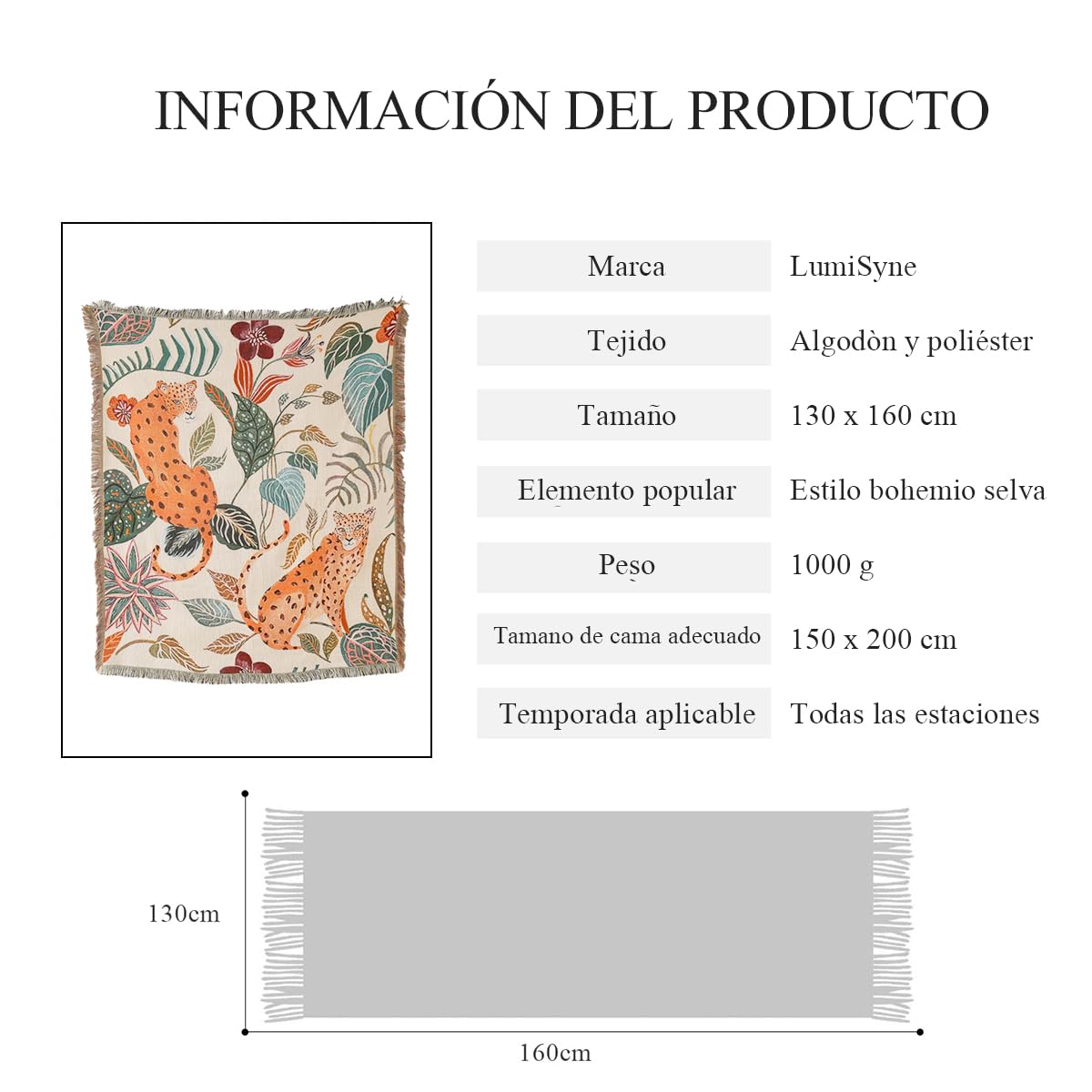 LumiSyne Manta De Doble Cara Manta De Algodón Tejida con Borlas Selva Estilo Bohemio Tapiz Mantón Decorativa Mantas para Sofá Cama Silla Camping Manteles Alfombra 160x130cm
