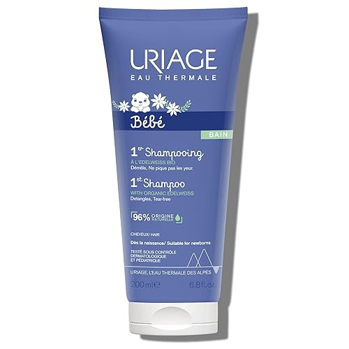 Uriage Baby 1st Champú con Edelweiss orgánico  Deja el cabello suave y flexible, 96% ingredientes de origen natural, sin lágrimas, sin jabón, 200 mL