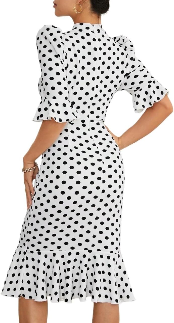 Women Knit Sweater Dress Polka Dot Print Sleeve Mermaid Hem Dress