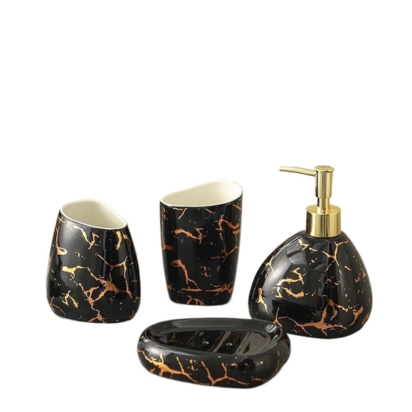 Soap Dish Set Exquisite Gold Plated Black Ceramic Bathroom Set Lotion Bottle Soap Dispenser Household Mouthwash Accessories(Color4)
