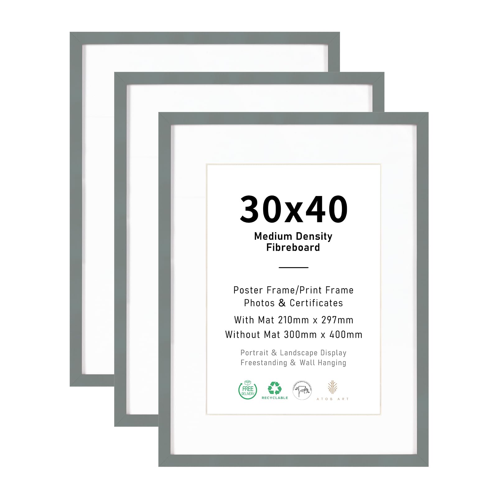 30x40 Picture Frame Set of 3, Display A4 with Mat or 30x40 without mat Images, Dark Grey Wood Photo Frames for Wall Mounting Display