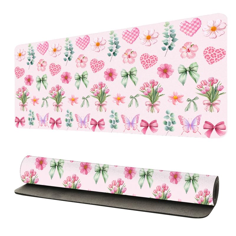 Tapis de souris grand format en cuir rose floral contre les rayures de bureau