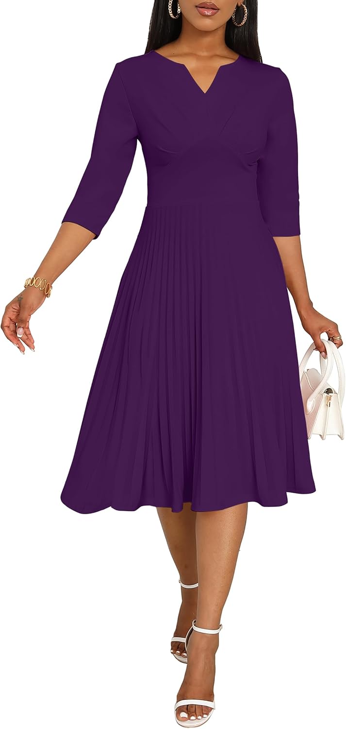 CLOCOR Midi Dresses for Women, 3/4 Sleeve A Line Pleated Casual Dress V Neck Church Cocktail Wedding Guest Dress - Image 3
