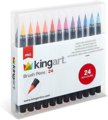 KINGART Bolígrafos de pincel profesional, 24 colores para pintura de acuarela real con puntas de pincel de nailon flexible, marcadores de pintura