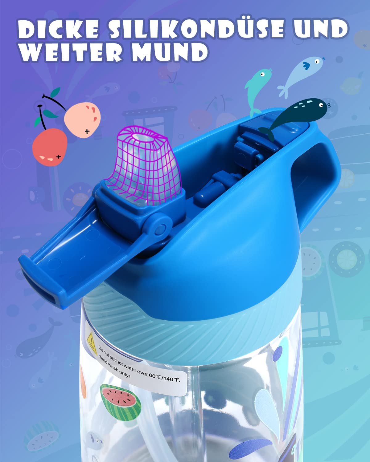 Fjbottle Borraccia Bambini con Cannuccia 450ml, Tritan - Senza BPA/Senza Perdite, Bottiglia Acqua trasparente Plastica riutilizzabile, scuola, asilo - Leggera e Robusta