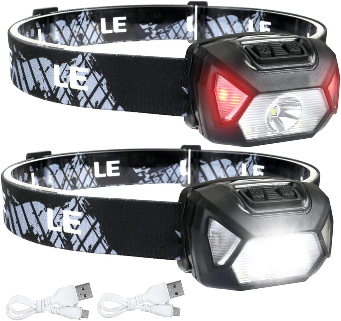 Lepro Head Torch Rechargeable, 2 Pack 2000L Waterproof LED Headlamp with Red Warning Lights, 30Hrs Runtime, 6 Lighting Modes, for Running Fishing Camping, Super Lightweight Headlight for Kids & Adults
