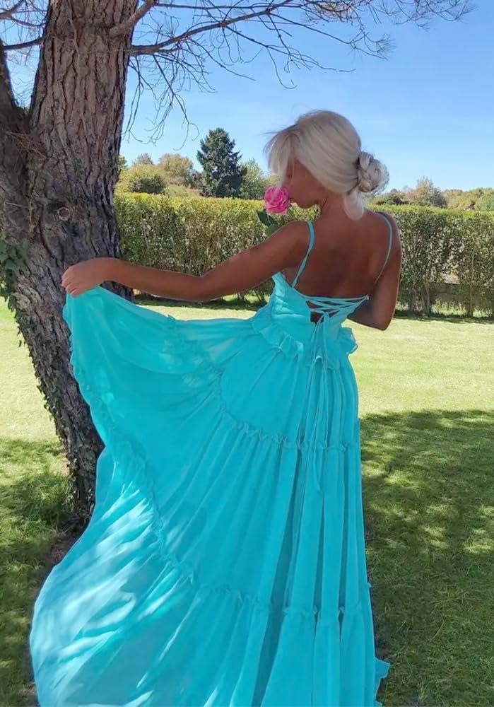 Principessa Damigella D'Onore Abito Da Spaghetti Cinghie Prom Abiti Da Sera A Livelli Chiffon Formale Partito Maxi Abito ZMKI807