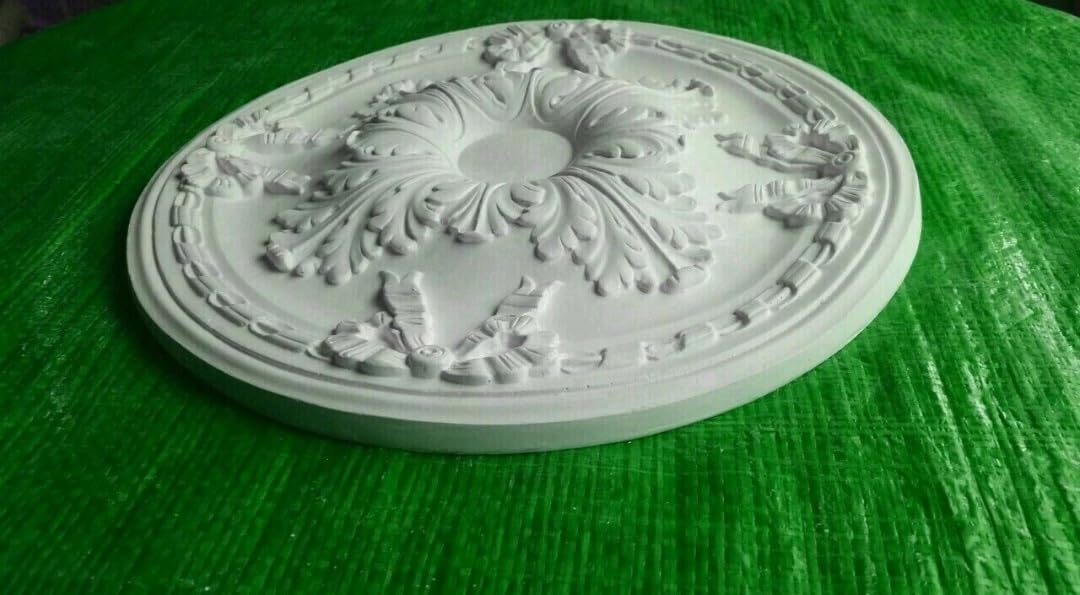 Decorazione per soffitto in gesso con rose, acanto e fiocco, 400 mm.