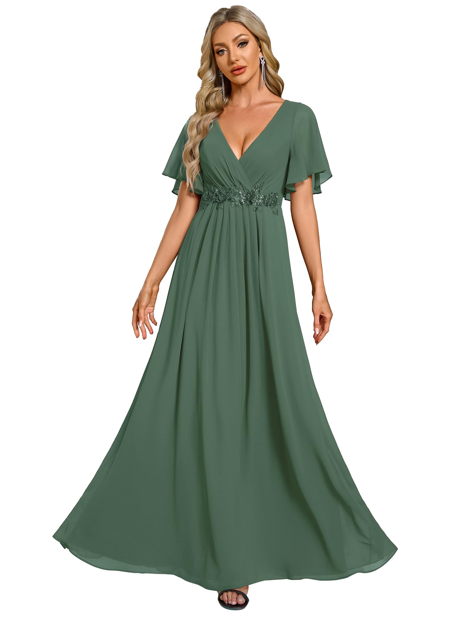 Ever-Pretty Robe de T Moin de Mariage Longue Appliqu Col V Manches Courtes Chic EE01960