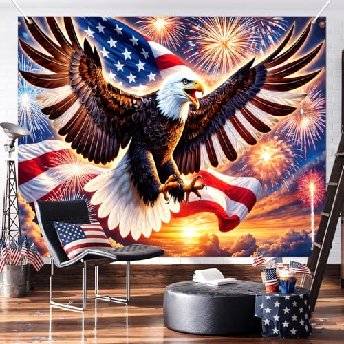 Image of BlissYard 4th of July Backdrop 8x6ft Patriotic Eagle Decorations American Flag Fireworks Banner Independence Day Party Decor for Outdoor Indoor Yard Photo Booth Red White Blue Stars Stripes