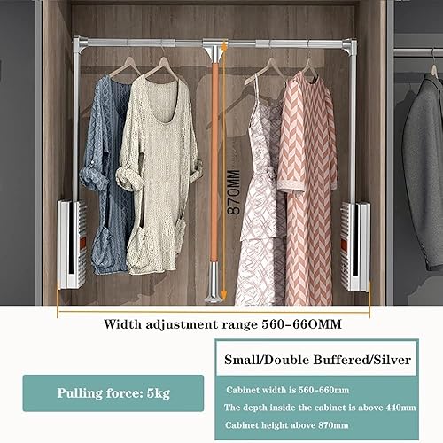 Miniatura 7 de Organizador de almacenamiento con sistema de elevación para armario, barra de armario desplegable y ajustable de cierre suave (color plateado,
