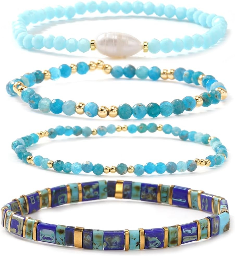 Tila Flat Gemstone Pearl Beaded Stack Bracelets Set for Women, 4Pcs Trendy Handmade Miyuki Glass Beads Stretch Bracelet Festive Holiday Accessories Jewelry Gift.