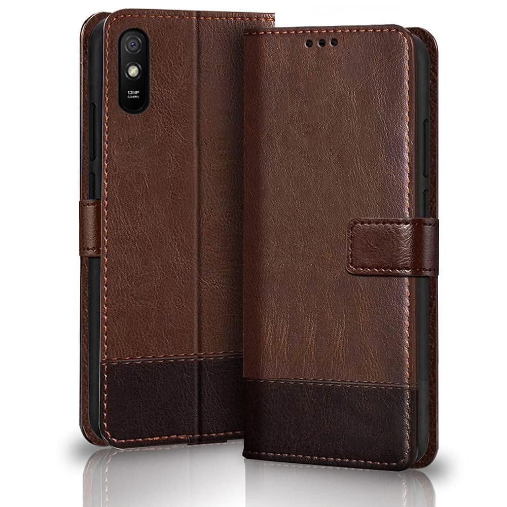 TheGiftKart Flip Back Cover Case for Redmi 9A / 9A Sport / 9i / 9i Sport Dual-Color Leather Finish | Inbuilt Stand & Pockets | Wallet Style Flip Case (Faux Leather Brown & Coffee) (B09MFLLS7P) Amazon Price History, Amazon Price Tracker