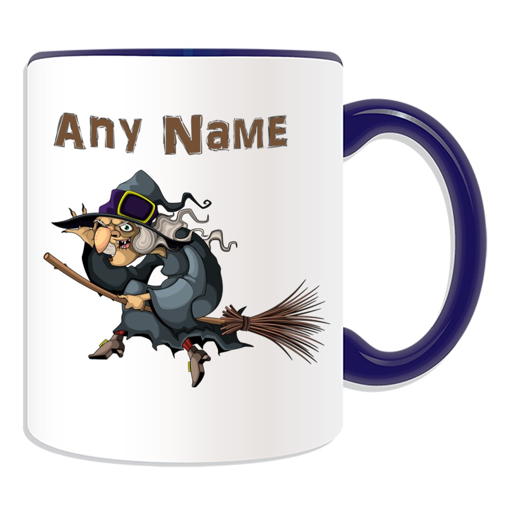 Unigift Blue Personalised Gift - Witch On Broom Mug (Fairy Tale Design Theme, Colour Options) - Any Name/Message On Your Unique