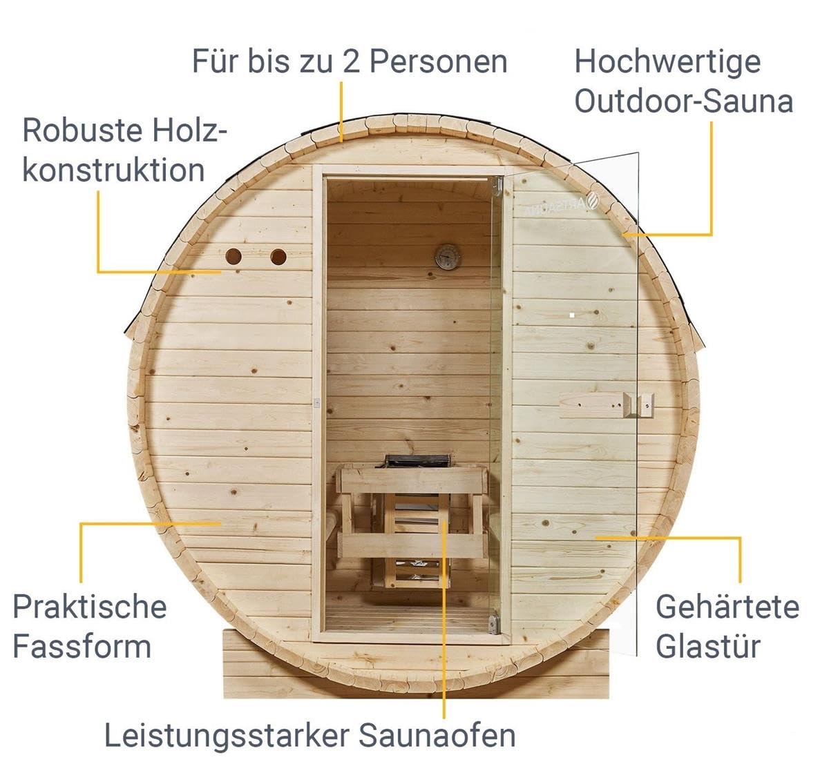 Outdoor Sauna Fasssauna Speyer aus Fichtenholz – Saunafass Komplettset mit Saunaofen, LED Beleuchtung & Zubehör – Gartensauna (M - 120x191)