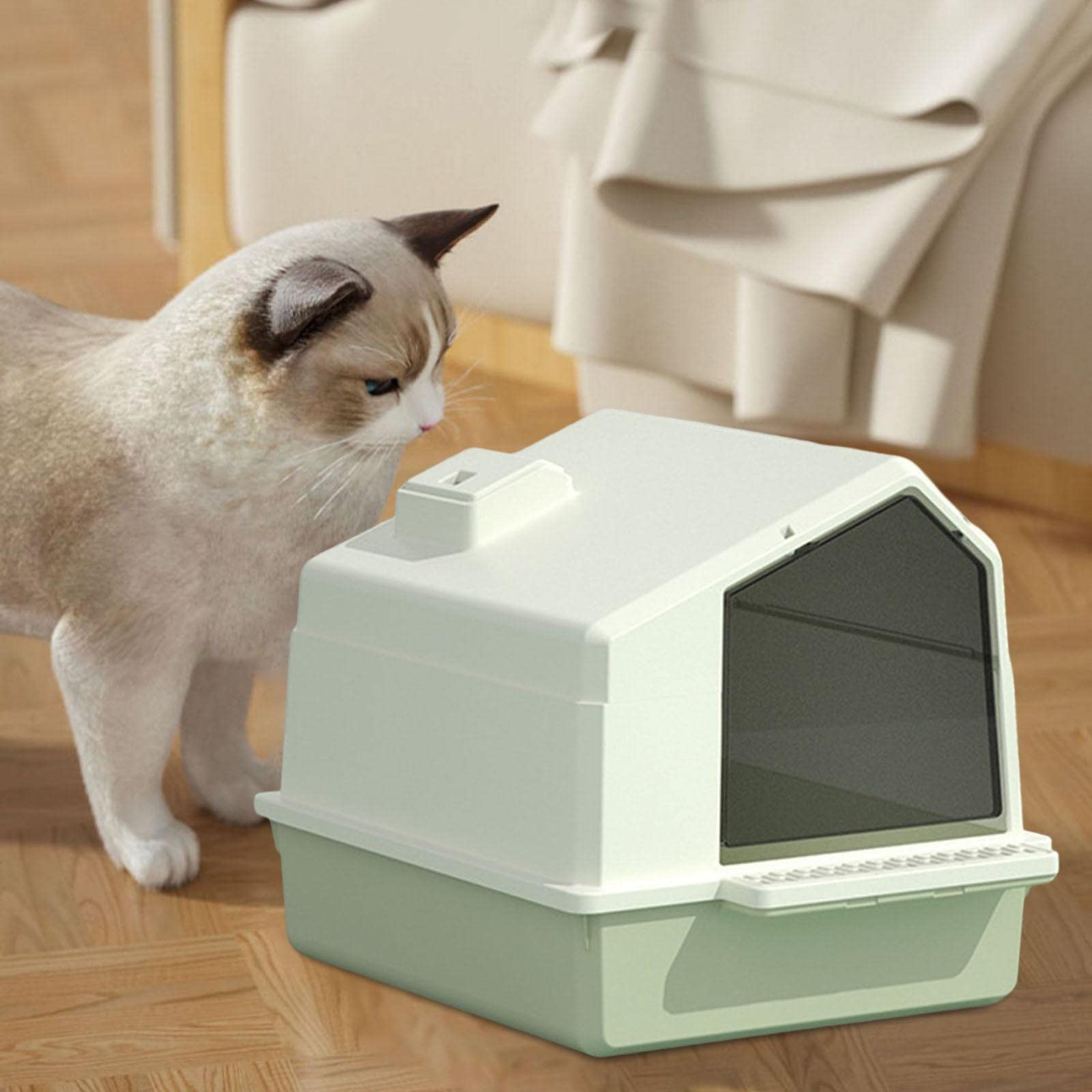 Arenero Cerrado para Gatos con Tapa, Protector contra Salpicaduras, Cajón, Pala Y Accesorios. Fabricado en Polipropileno para Un Uso Sencillo, Verde