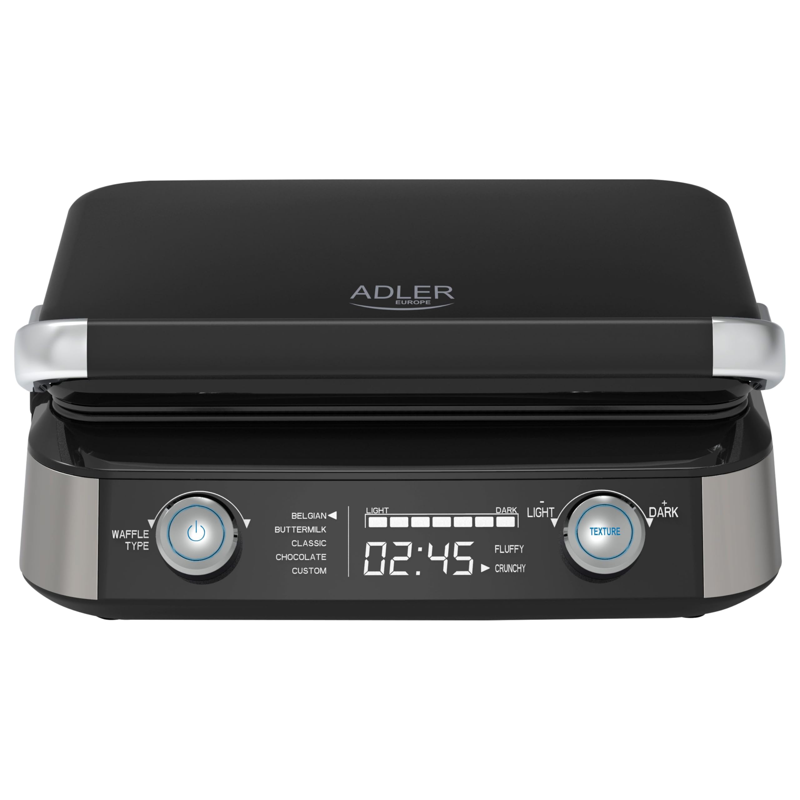 ADLER EUROPE Waffeleisen Belgische Waffel – Doppelwaffeleisen mit LCD Display – 2400W Waffelautomat für Butterwaffeln & Schokoladenwaffeln – 5 Programme, 7 Bräunungsstufen – Tief-Heizplatten 12x13x2cm