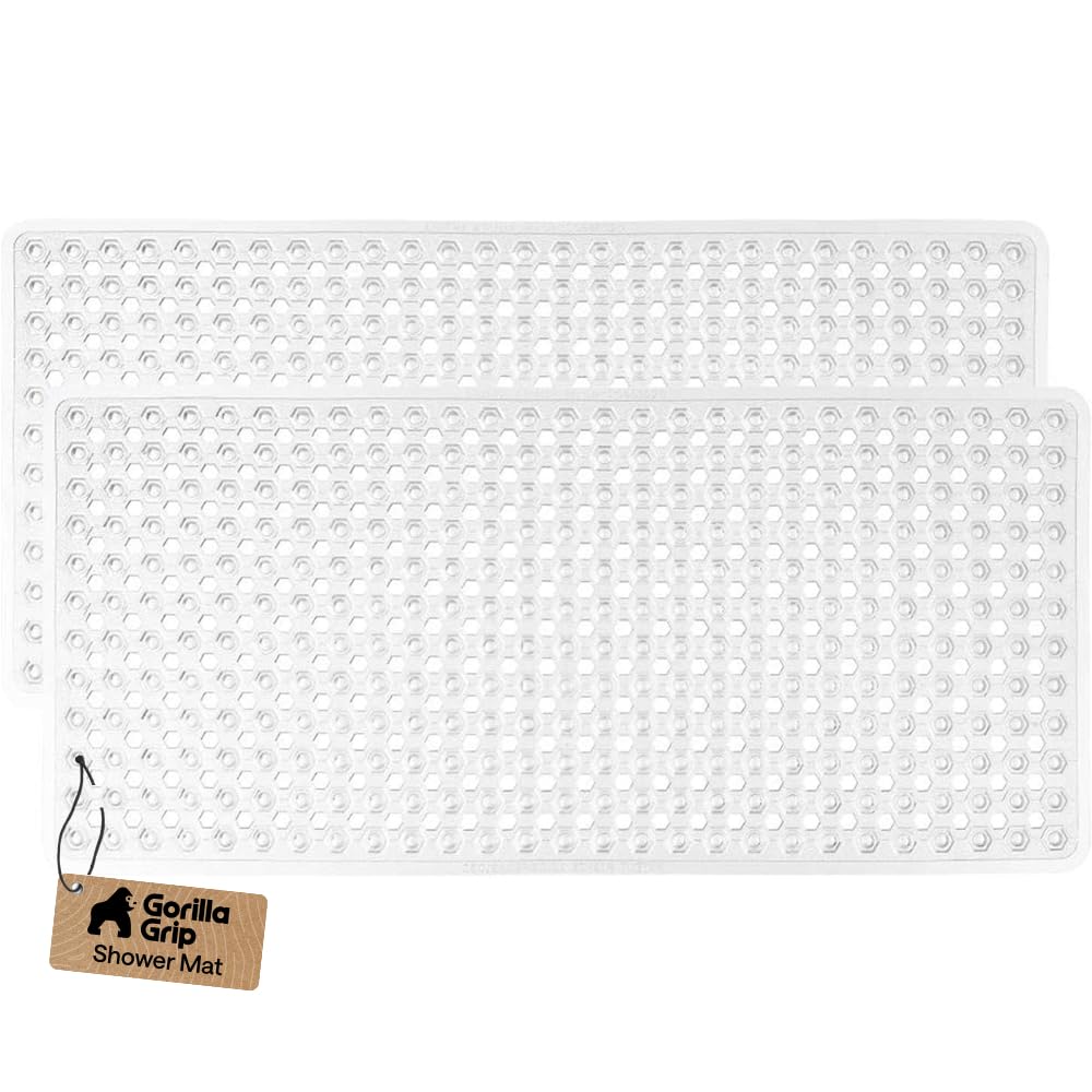 Patented Bath Tub Shower Mat, 2 Pack, Machine Washable Bathtub Floor Liner Mats, Suction Cups and Drain Holes to Keep Tubs Clean, Soft on Feet, Bathroom Essentials, 35x16 Inch, Clear