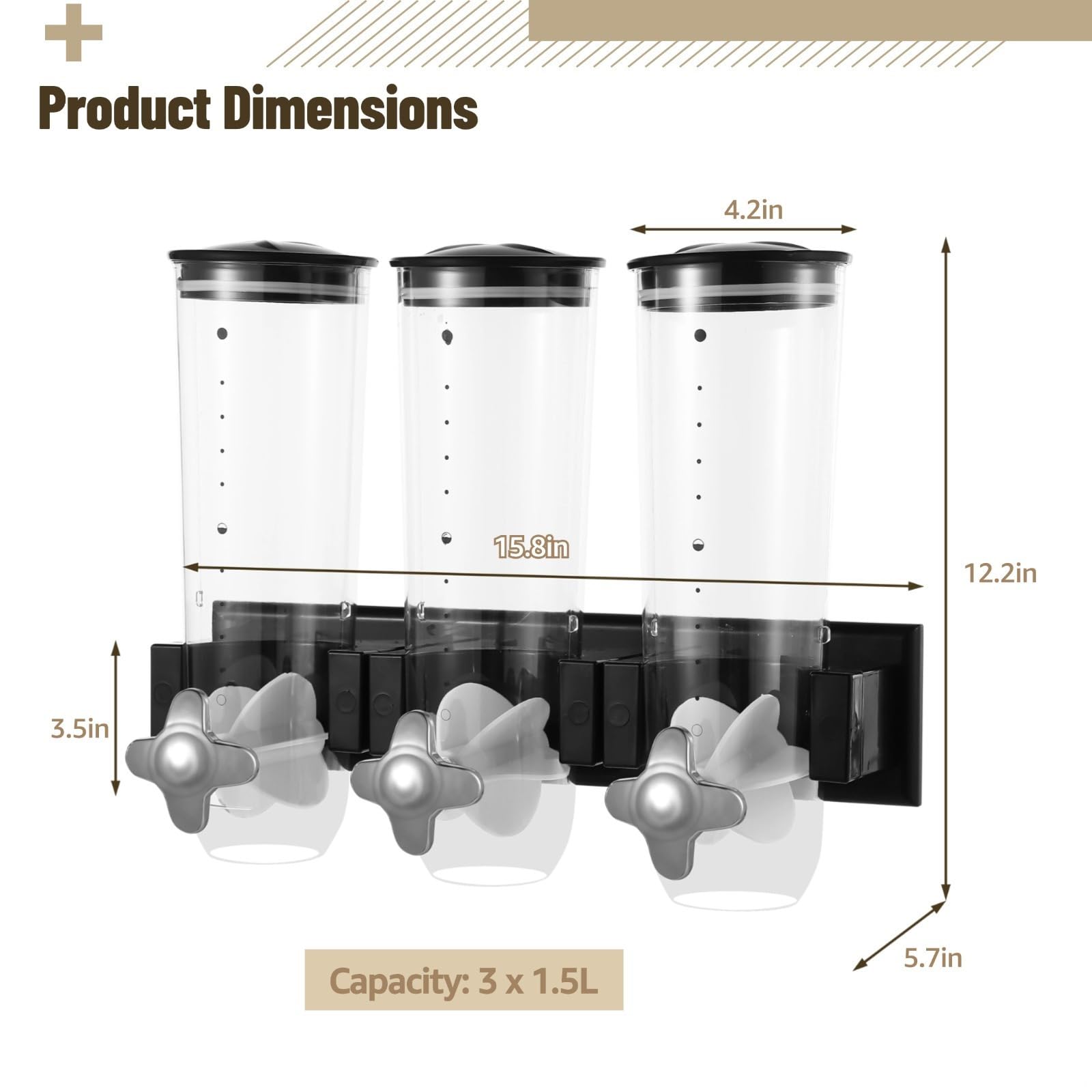 Dispenser da parete a 3 teste per cereali e alimenti secchi, contenitore trasparente da 4,5 l per snack, chicchi di caffè e cereali, soluzione salvaspazio da cucina