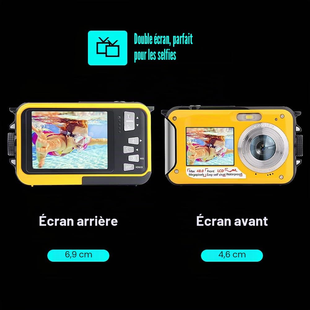 UCY01 Appareil Photo étanche Full HD 2,7 K 48 MP Appareil Photo numérique étanche avec Double écran, Zoom numérique 16x et retardateur